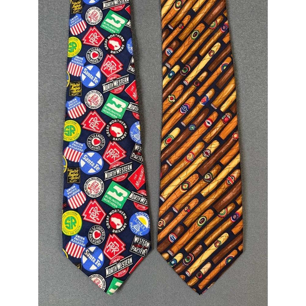 Alynn Mens 100% Silk Novelty Tie Lot Railroad & Cigars Made in USA Retro Necktie